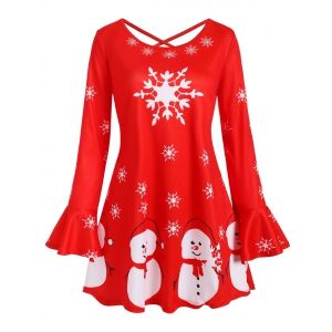 

Snowman Snowflake Criss Cross Flare Sleeve Christmas Plus Size Top, Red
