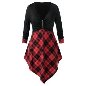 

Plus Size Plaid Asymmetrical Zip Plunge Long Sleeve Tee, Black