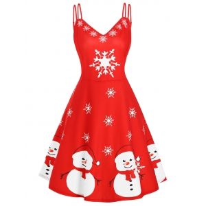 

Strappy Snowman Snowflake Print Christmas Plus Size Dress, Red