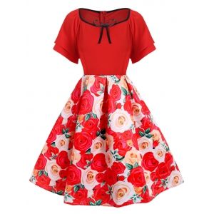 

Plus Size 3D Flower Flutter Sleeve A Line Retro Dress, Red