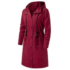 

Plus Size Drawstring Long Hooded Coat, Red wine