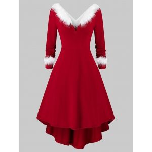 

Plus Size Christmas Asymmetrical Faux Fur Panel Knitted Dress, Red wine