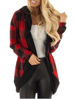 Hooded Plaid Open Front Cardigan - RED WINE - M