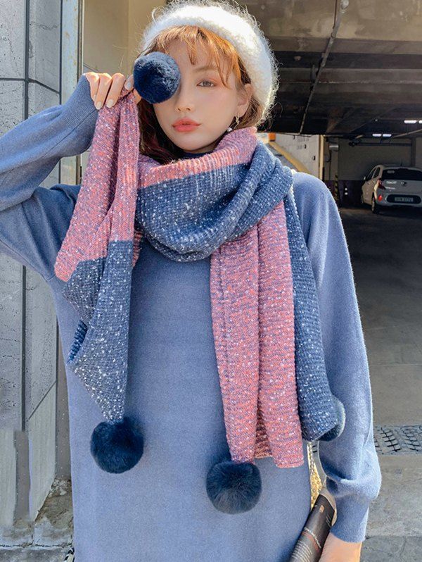 

Colorblock Tassel Ball Warm Scarf, Blue