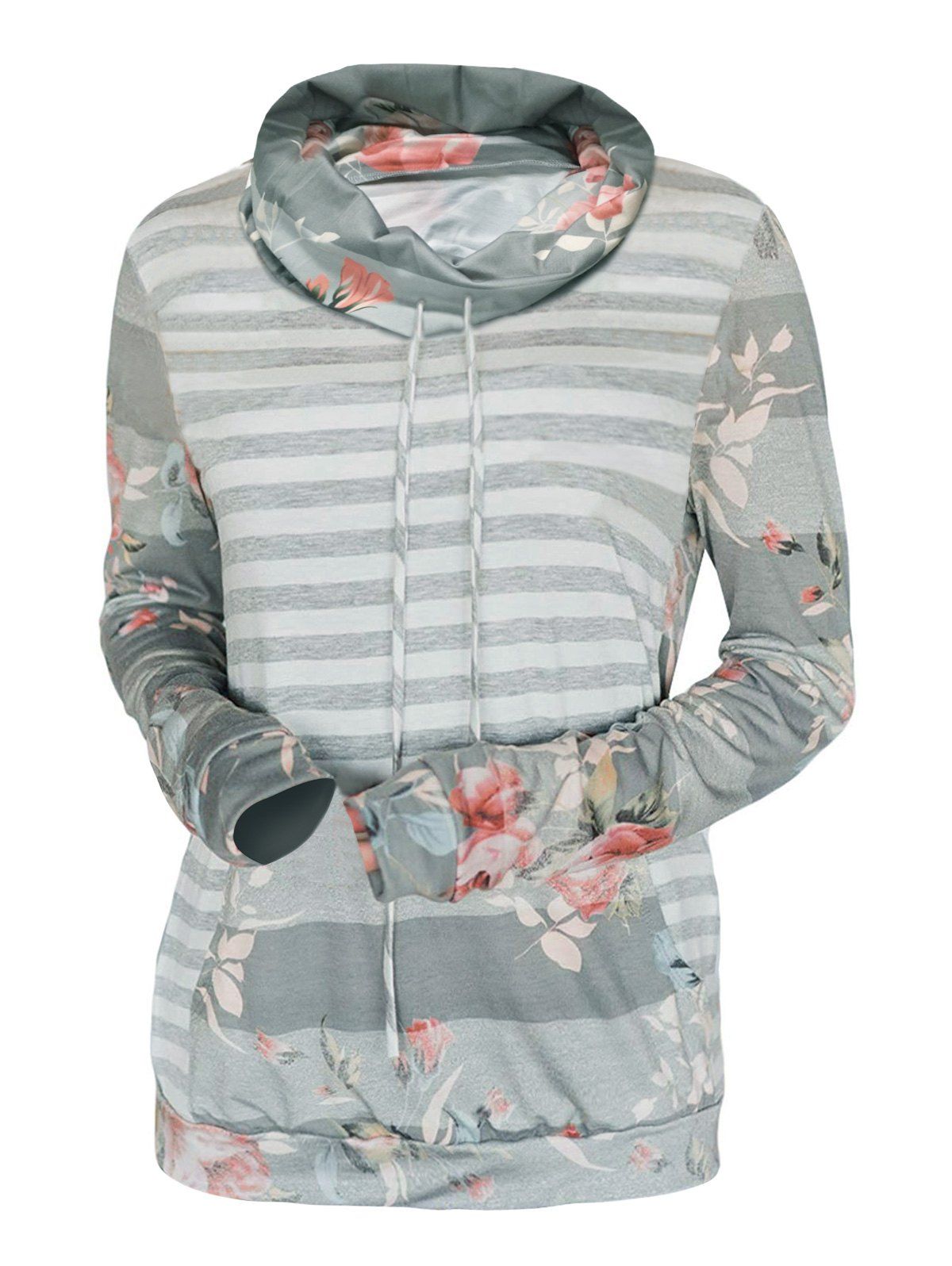 

Cowl Neck Striped Flower Print Long Sleeve Tee, Platinum
