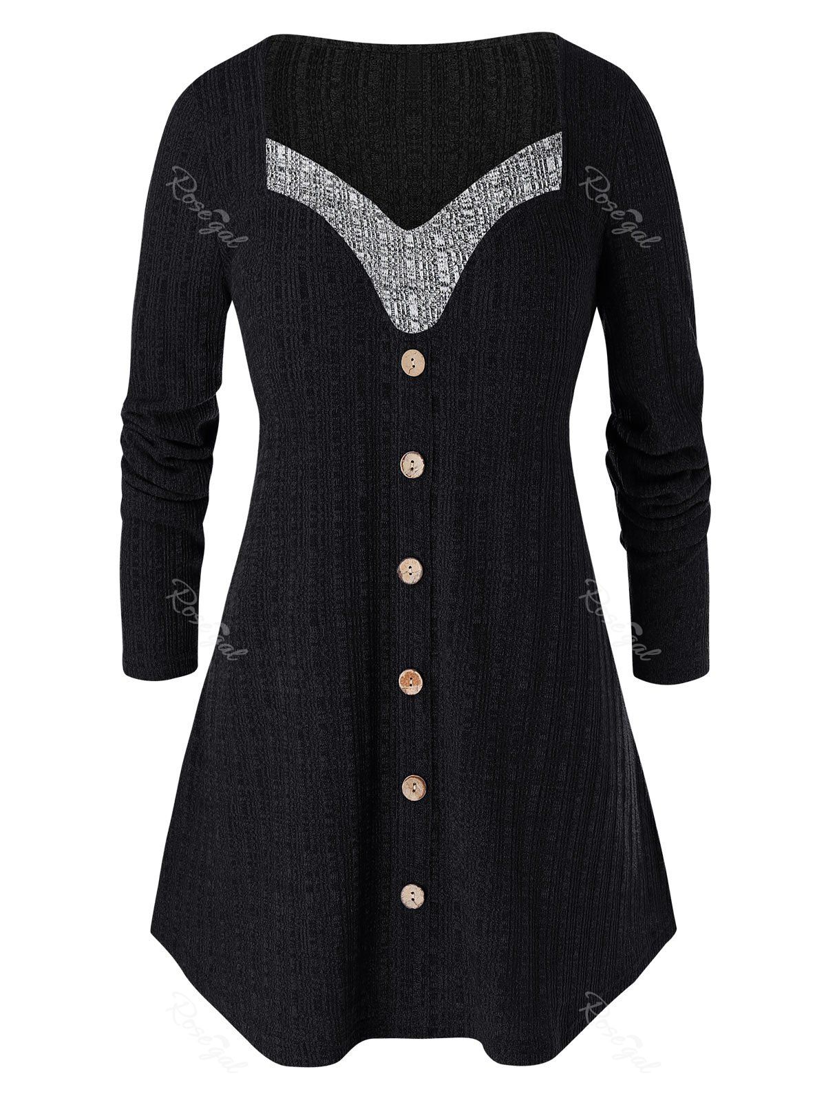 Plus Size Long Sleeve Two Tone Tunic Sweater, Black