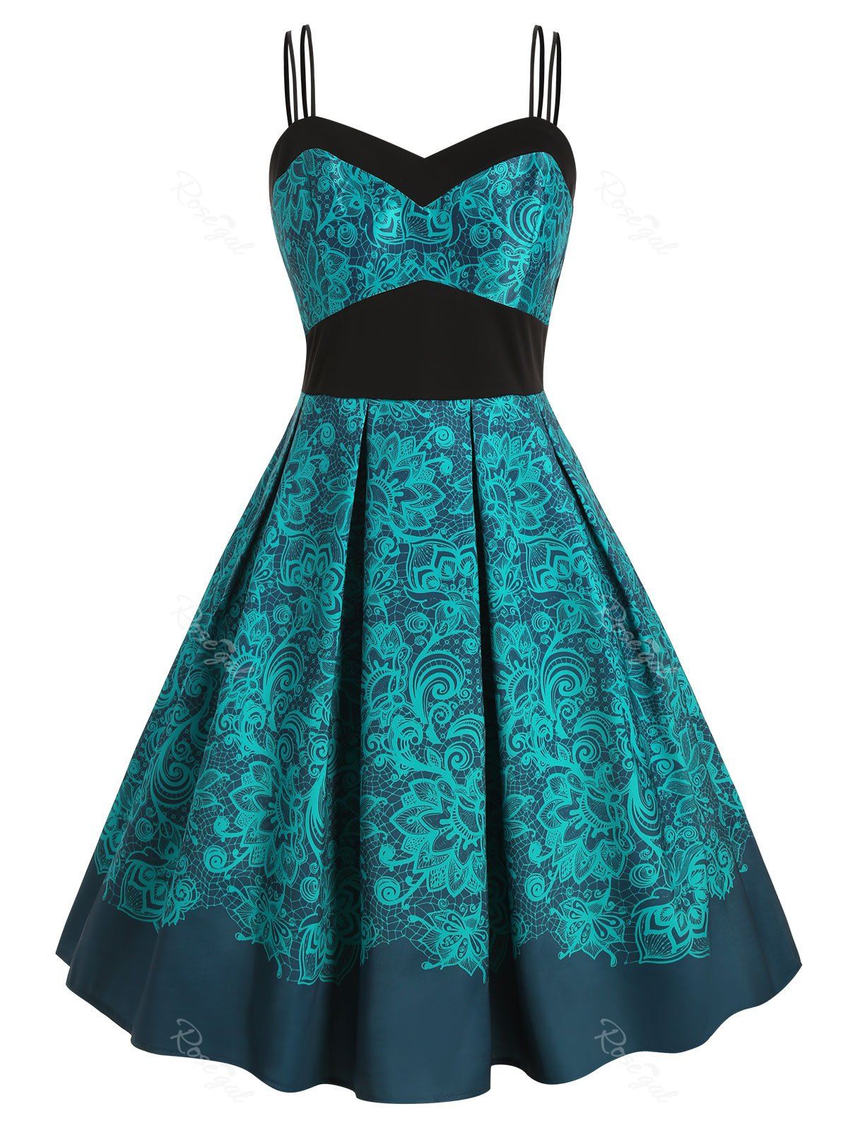

Plus Size Dual Straps Floral Vintage Dress, Peacock blue