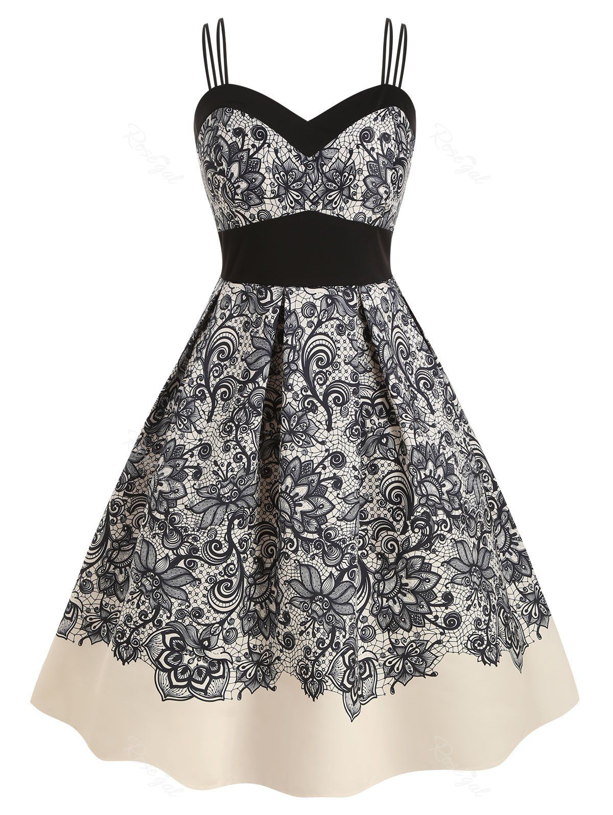 

Plus Size Dual Straps Floral Vintage Dress, Beige