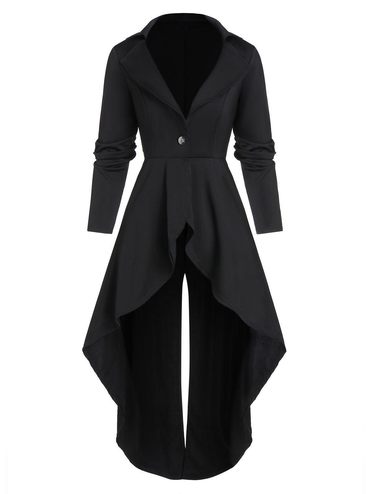

One Button Lace-up Back Slit Skirted High Low Coat, Black