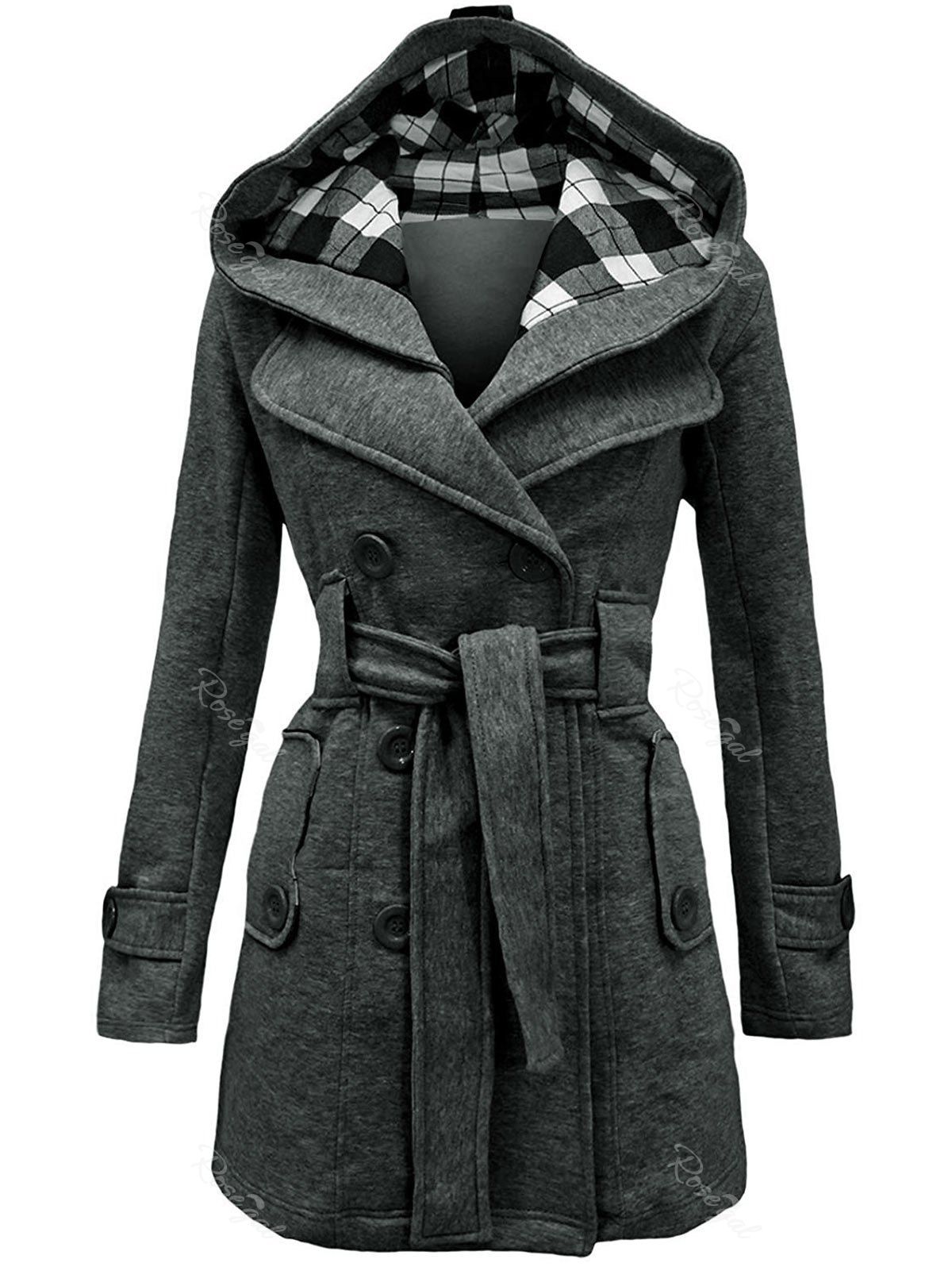 

Belted Detachable Hood Double Breasted Plus Size Wool Blend Coat, Gray