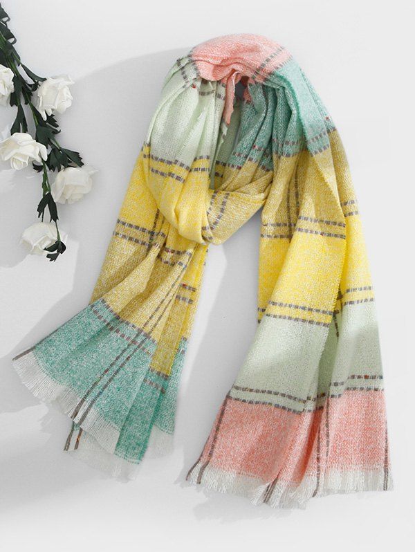 

Checkered Fringed Long Scarf, Green