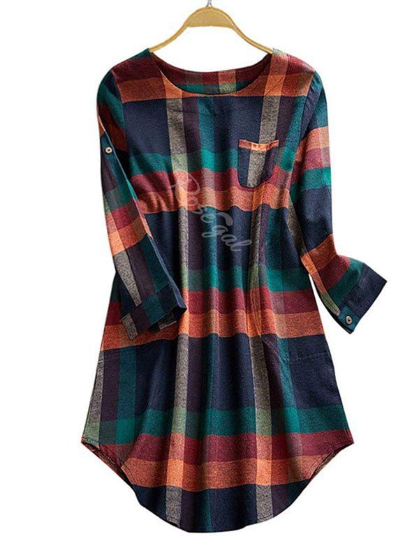

Tab Sleeve Pockets Plaid Plus Size Blouse, Coffee