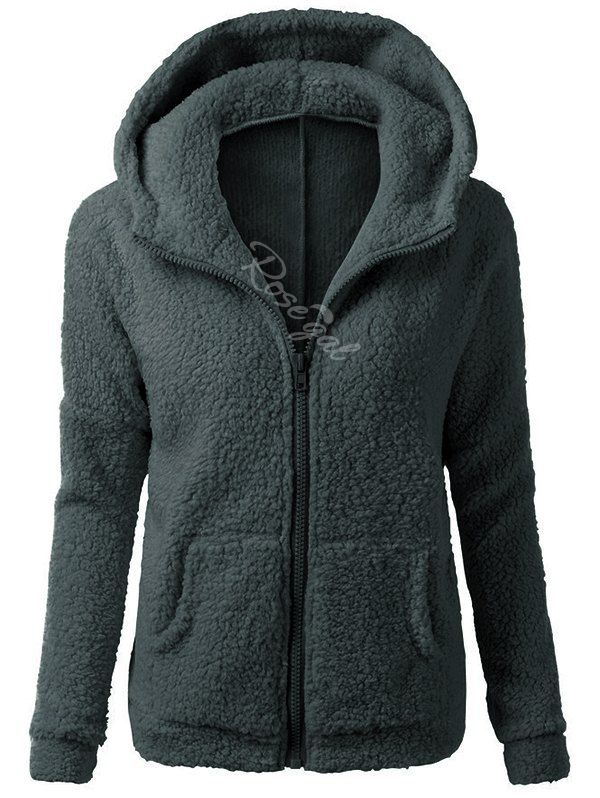 

Hooded Zip Front Pockets Fluffy Plus Size Coat, Gray