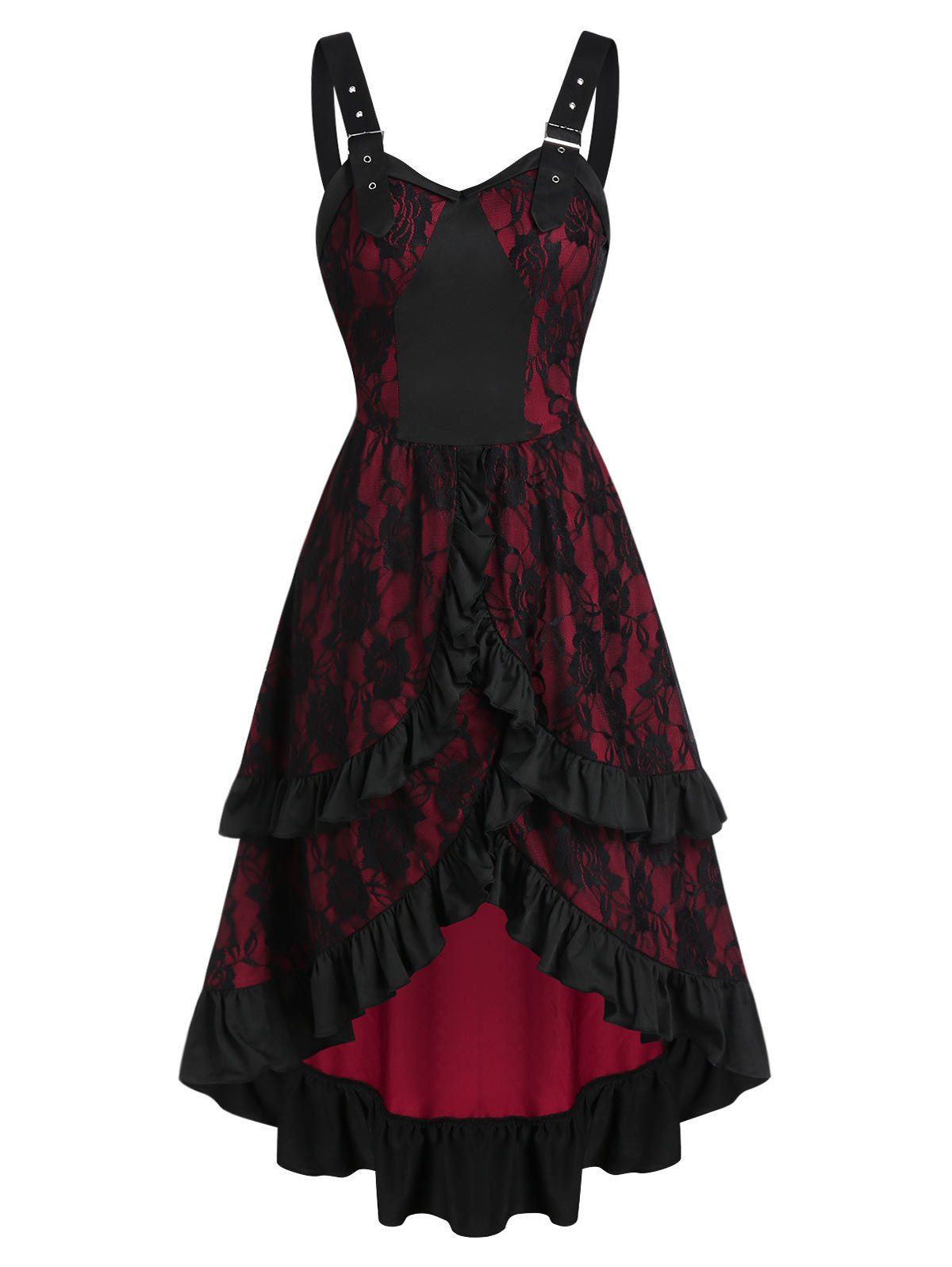 

Buckle Strap Lace-up Layered Flower Lace Gothic Dress, Red wine