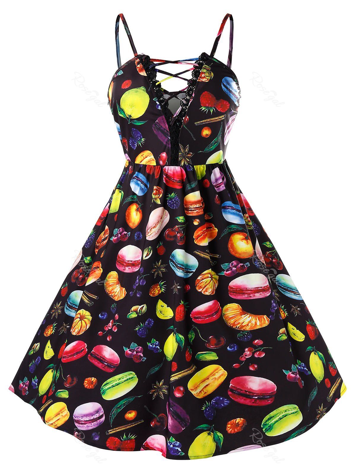 

Plus Size Vintage Crisscross Macarons Print Pin Up Dress, Black