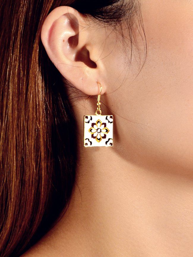 

Ethnic Square Flower Carved Dangle Earrings, White