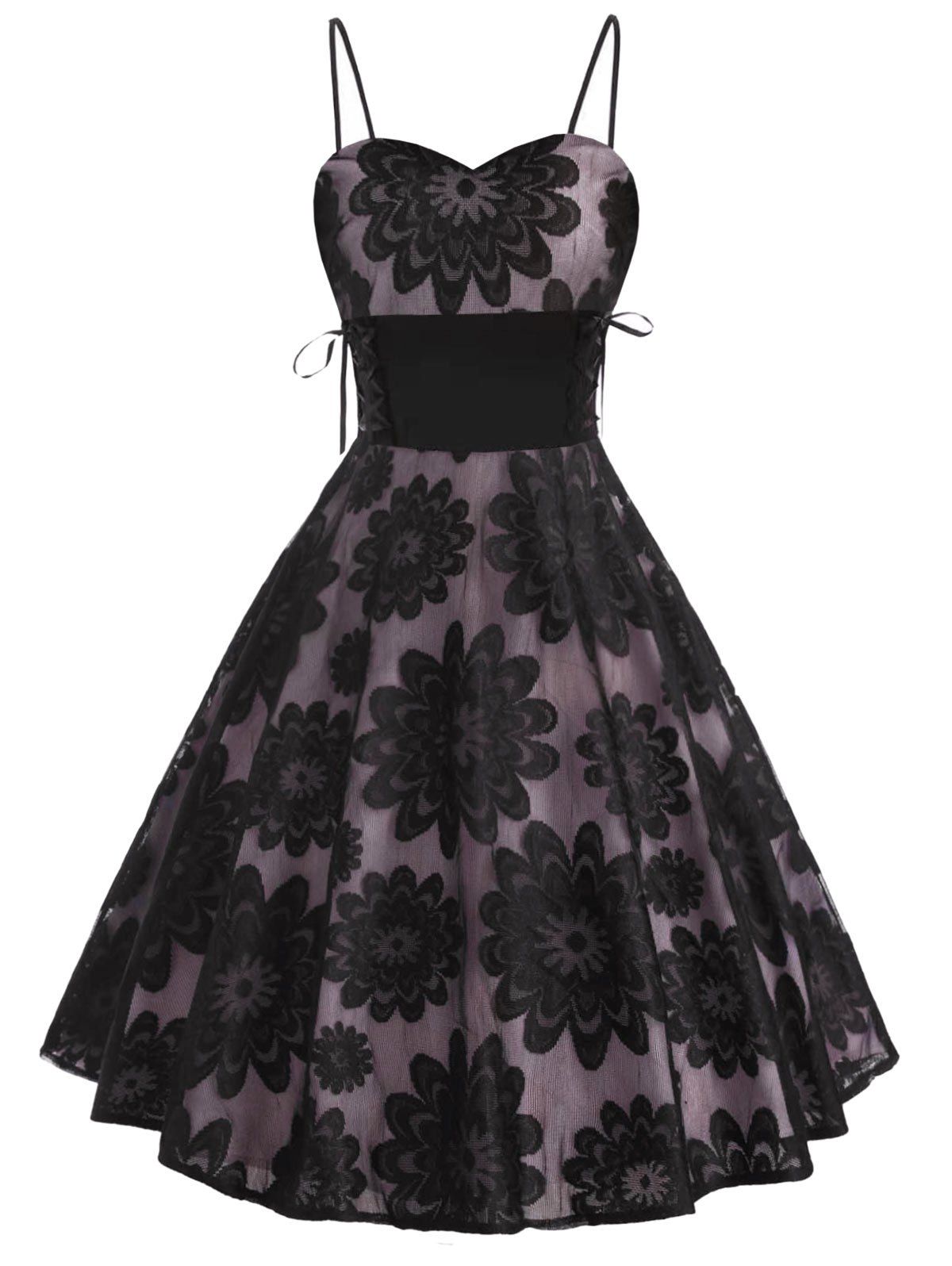 

Floral Lace Overlay Lace-up Sleeveless Party Dress, Black