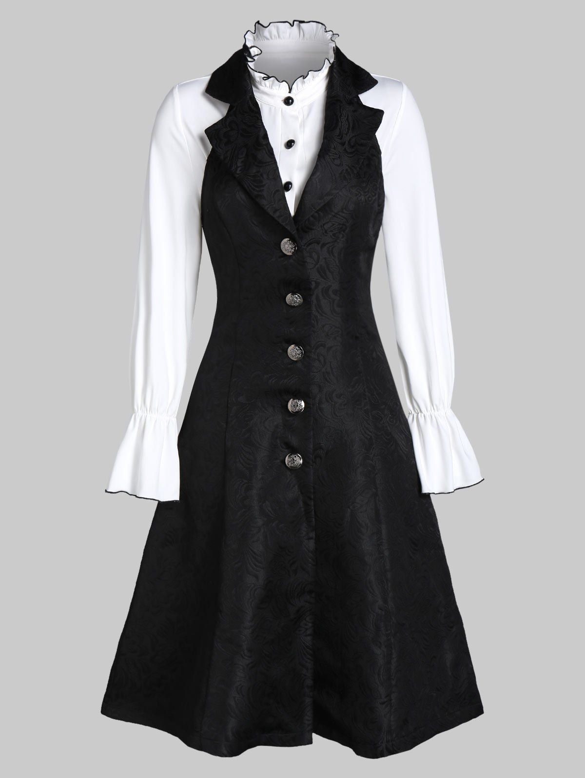 

Halter Jacquard Lace-up Dress with Poet Sleeve Half Button Top, Black