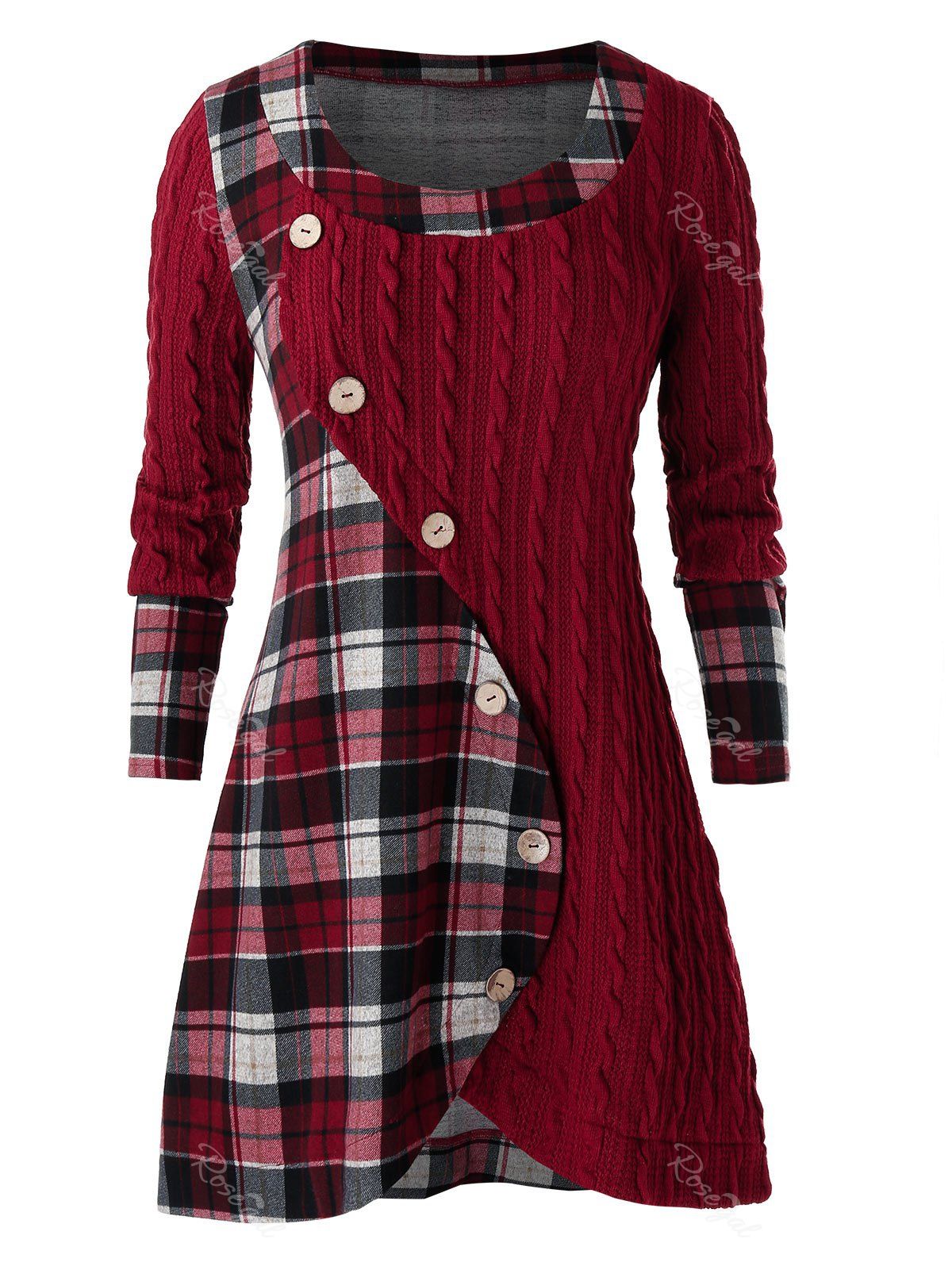 

Plus Size Plaid Splicing Button Embellished Sweater, Red wine