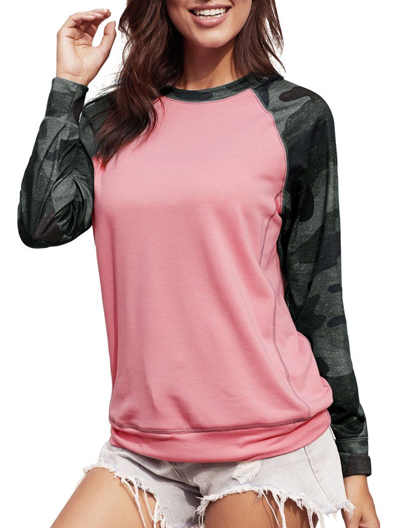 

Camouflage Raglan Sleeve Topstitching Sweatshirt, Pink