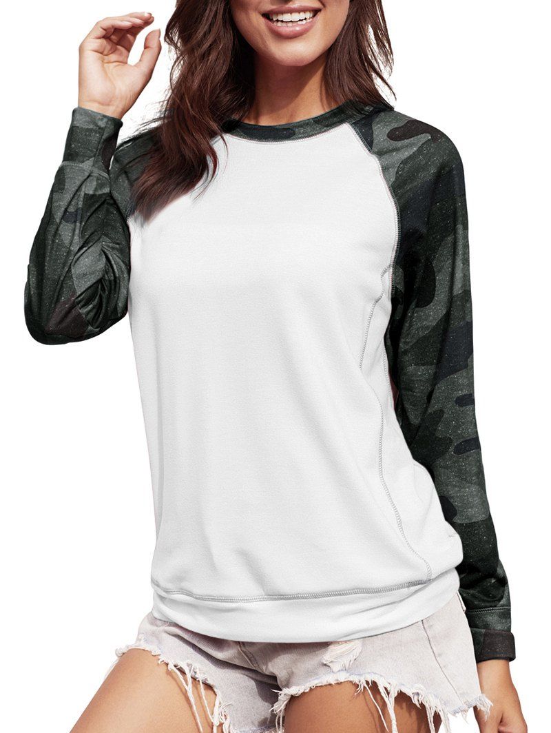 

Camouflage Raglan Sleeve Topstitching Sweatshirt, White