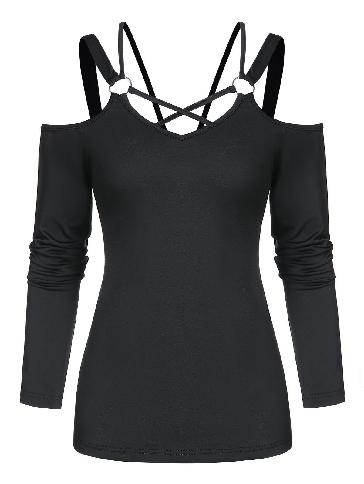 

Cold Shoulder Strappy O-ring T-shirt, Black