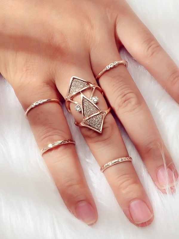 

5 Piece Glitter Geometric Rhinestone Finger Ring Set, Gold