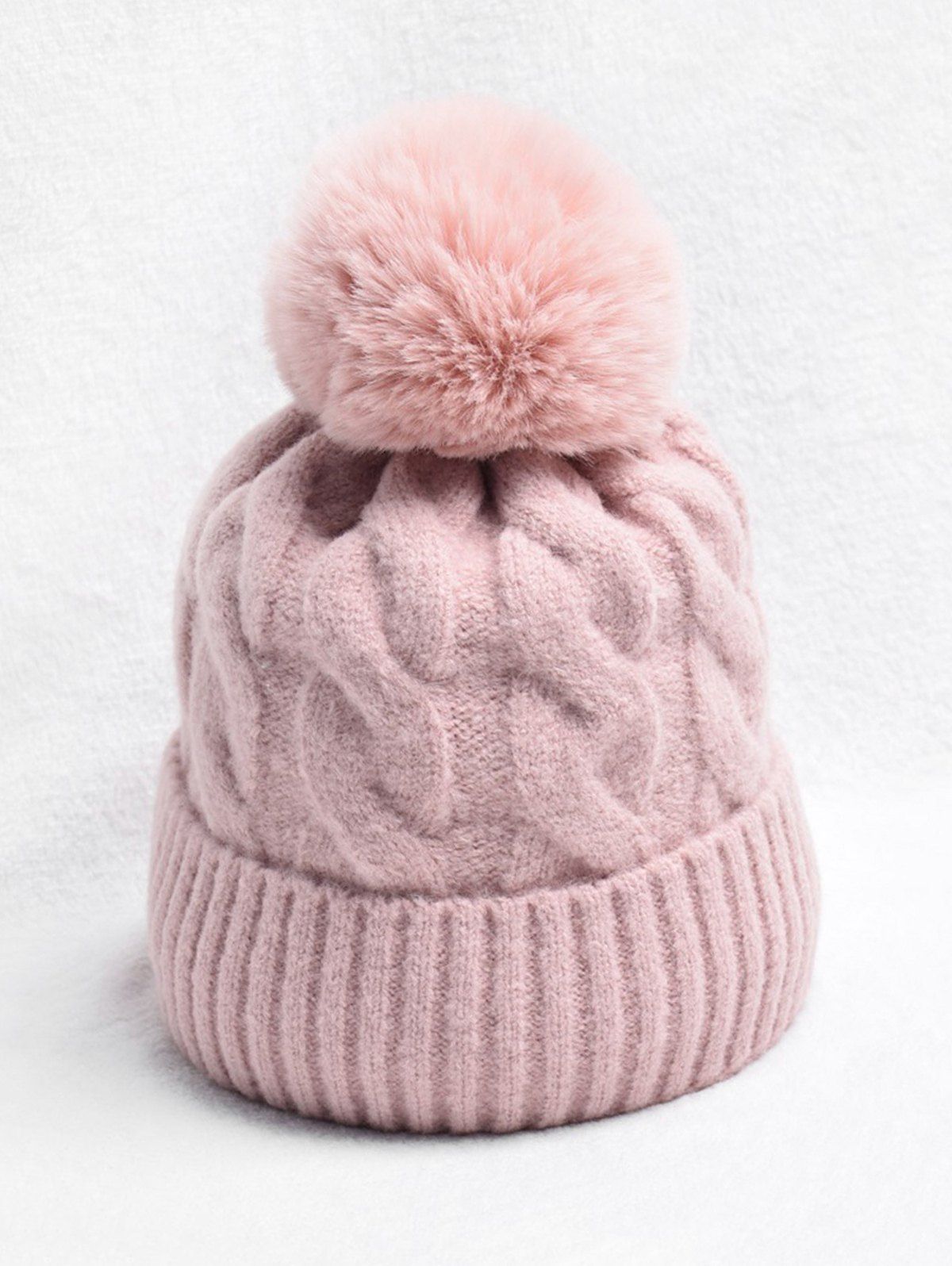 

Turn Up Edge Braided Knitted Bobble Hat, Light pink