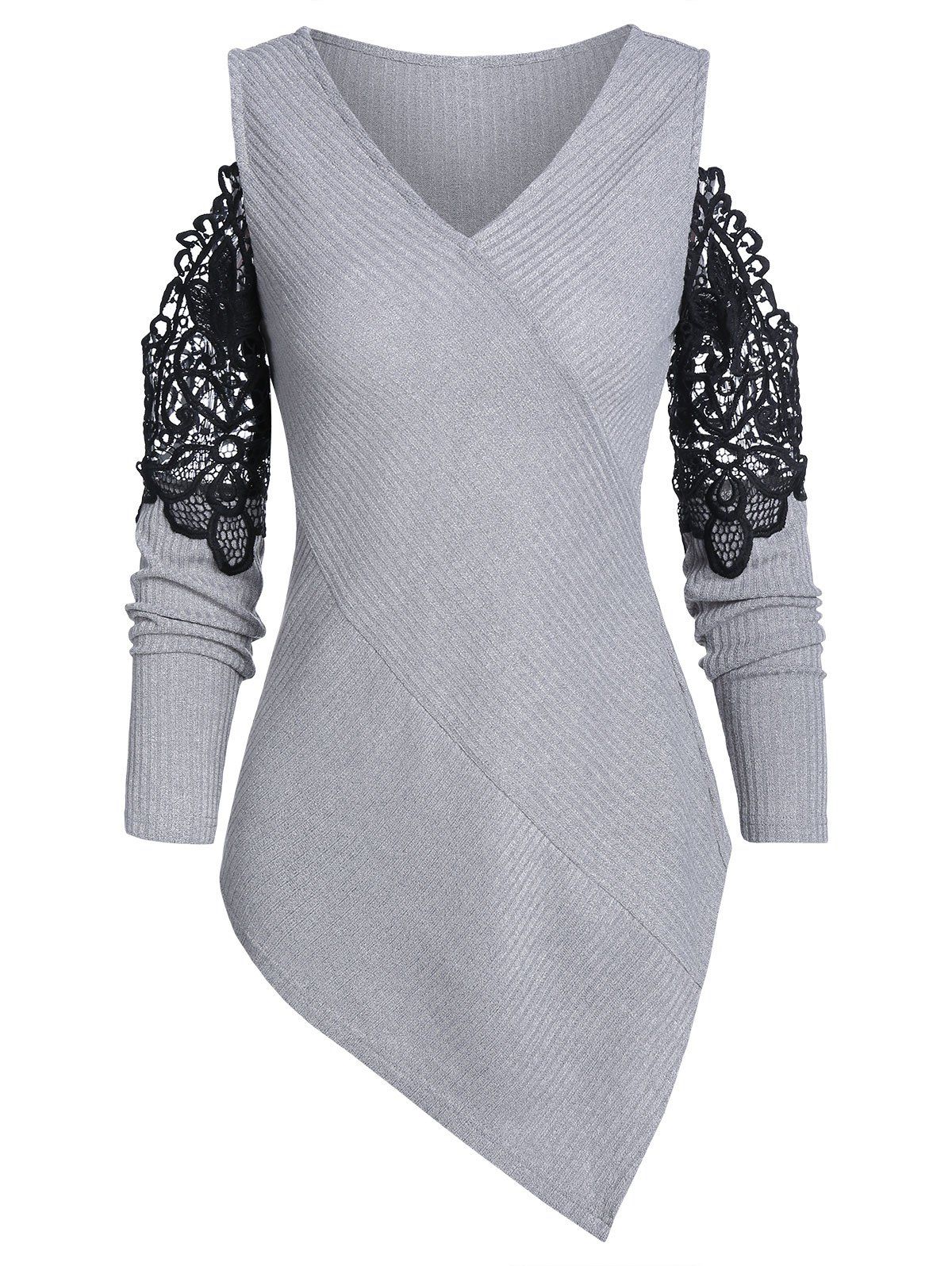 

V Neck Cold Shoulder Asymmetric Sweater, Light gray