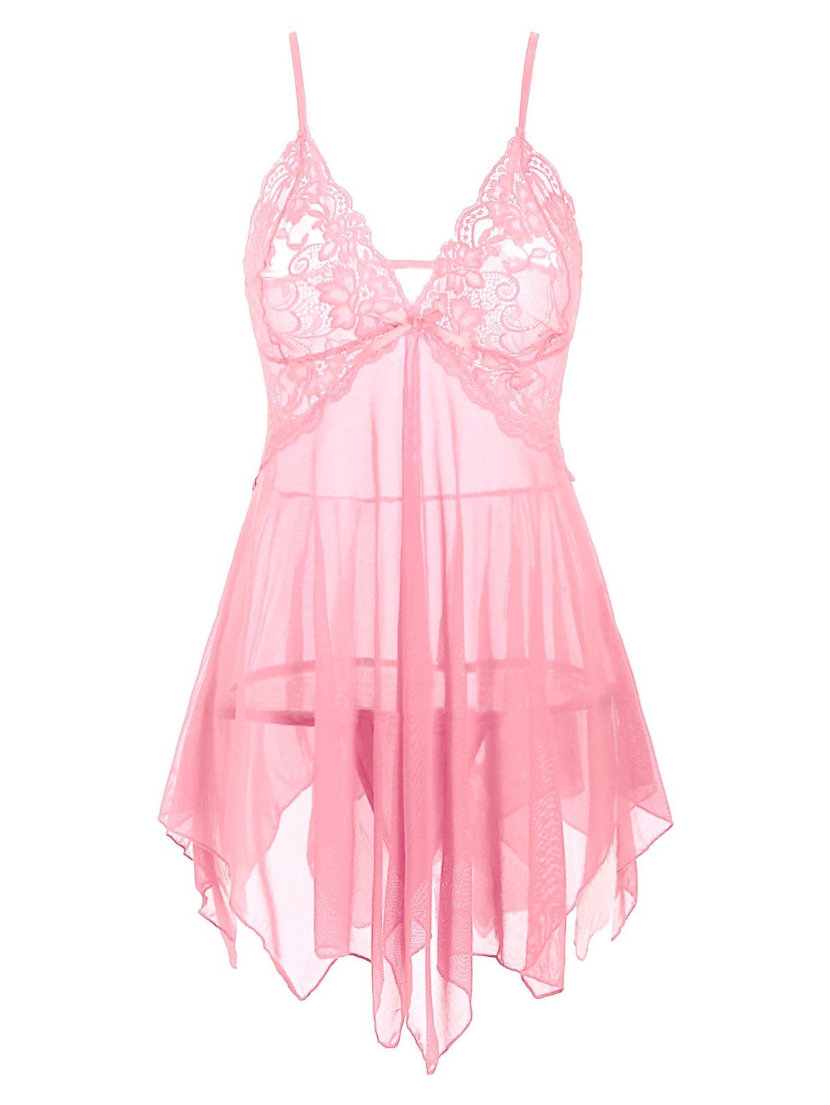 

Plus Size Lace Panel Slit Mesh Babydoll Set, Pink