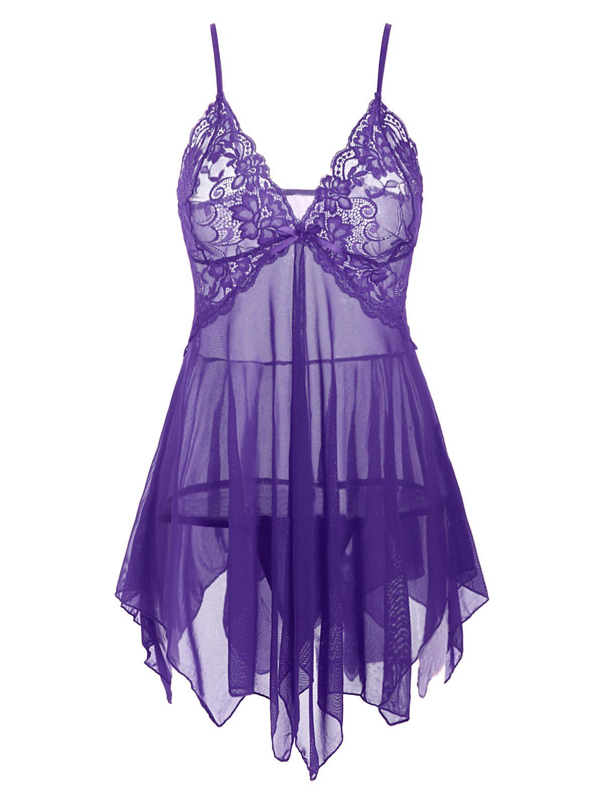 

Plus Size Lace Panel Slit Mesh Babydoll Set, Purple