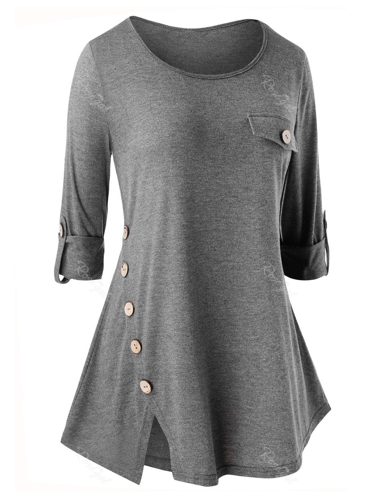 

Plus Size Button Embellished Slit Long Sleeve T-shirt, Carbon gray