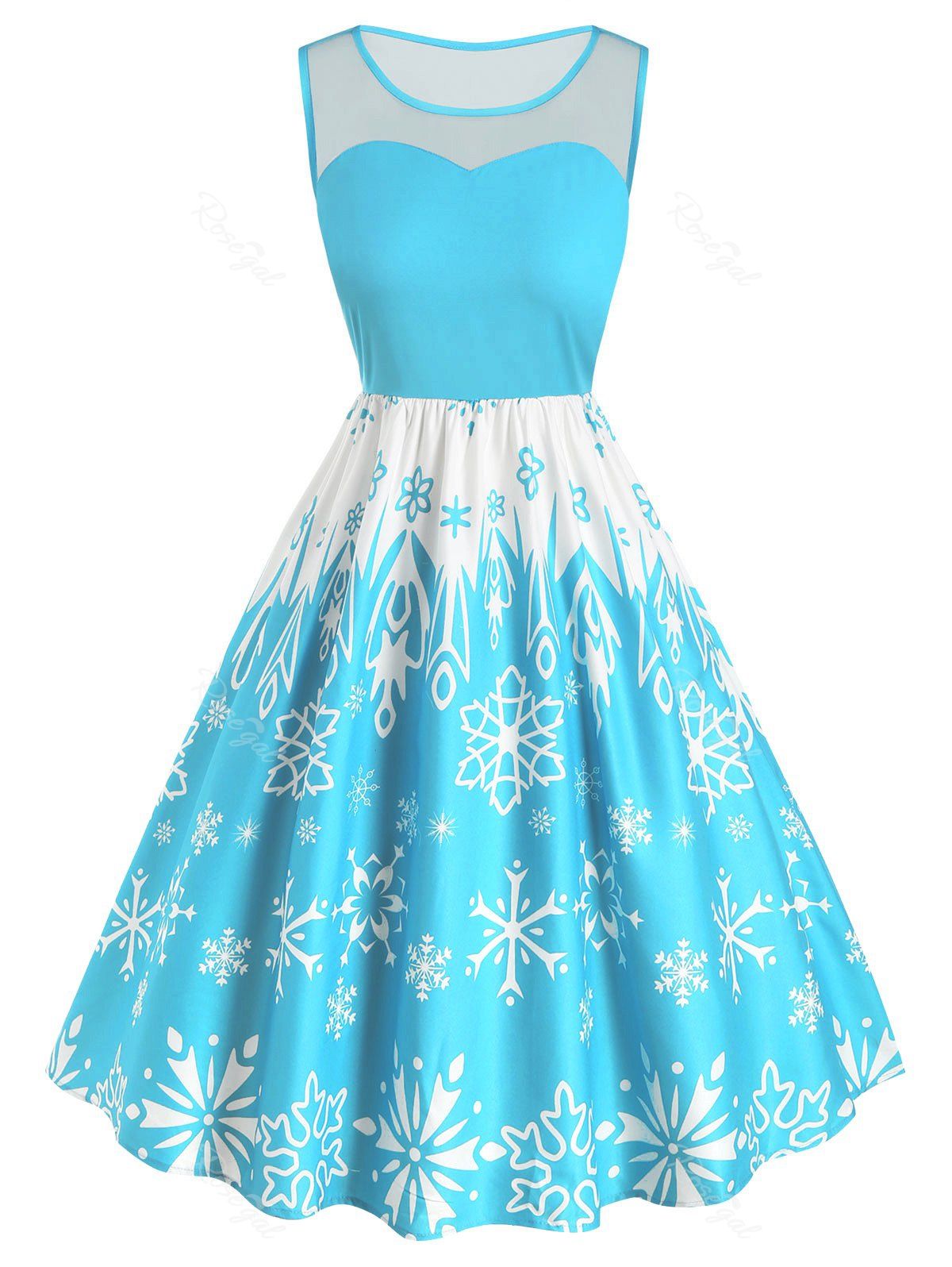 

Plus Size Christmas Vintage Snowflake Print Party Dress, Light sky blue