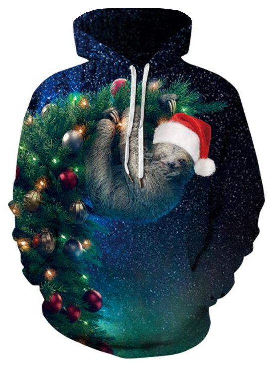 

Front Pocket Drawstring Sloth Print Christmas Tree Plus Size Hoodie, Dark forest green