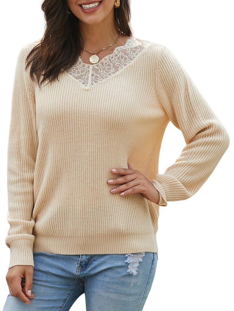 

Flower Lace V Neck Pullover Sweater, Apricot