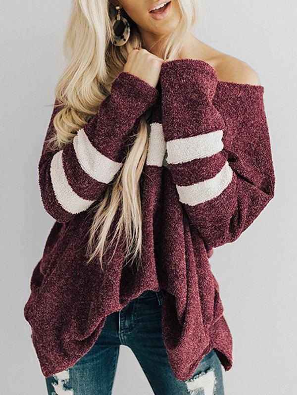 

V Neck Striped-detail Oversized Sweater, Red wine
