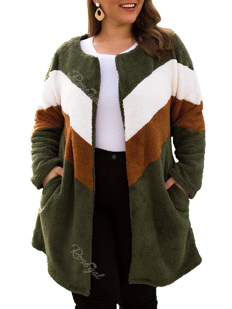 

Plus Size Faux Fur Colorblock Fluffy Coat, Army green