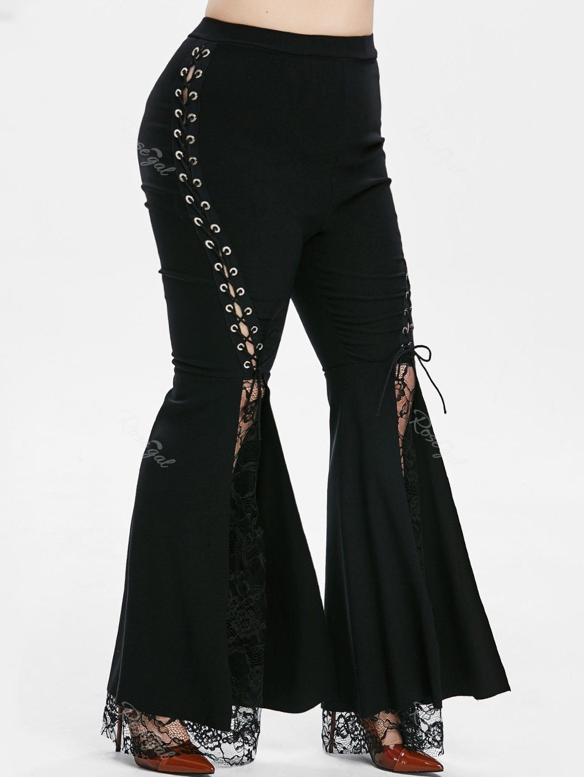 

Lace Panel High Waisted Lace Up Plus Size Flare Pants, Black