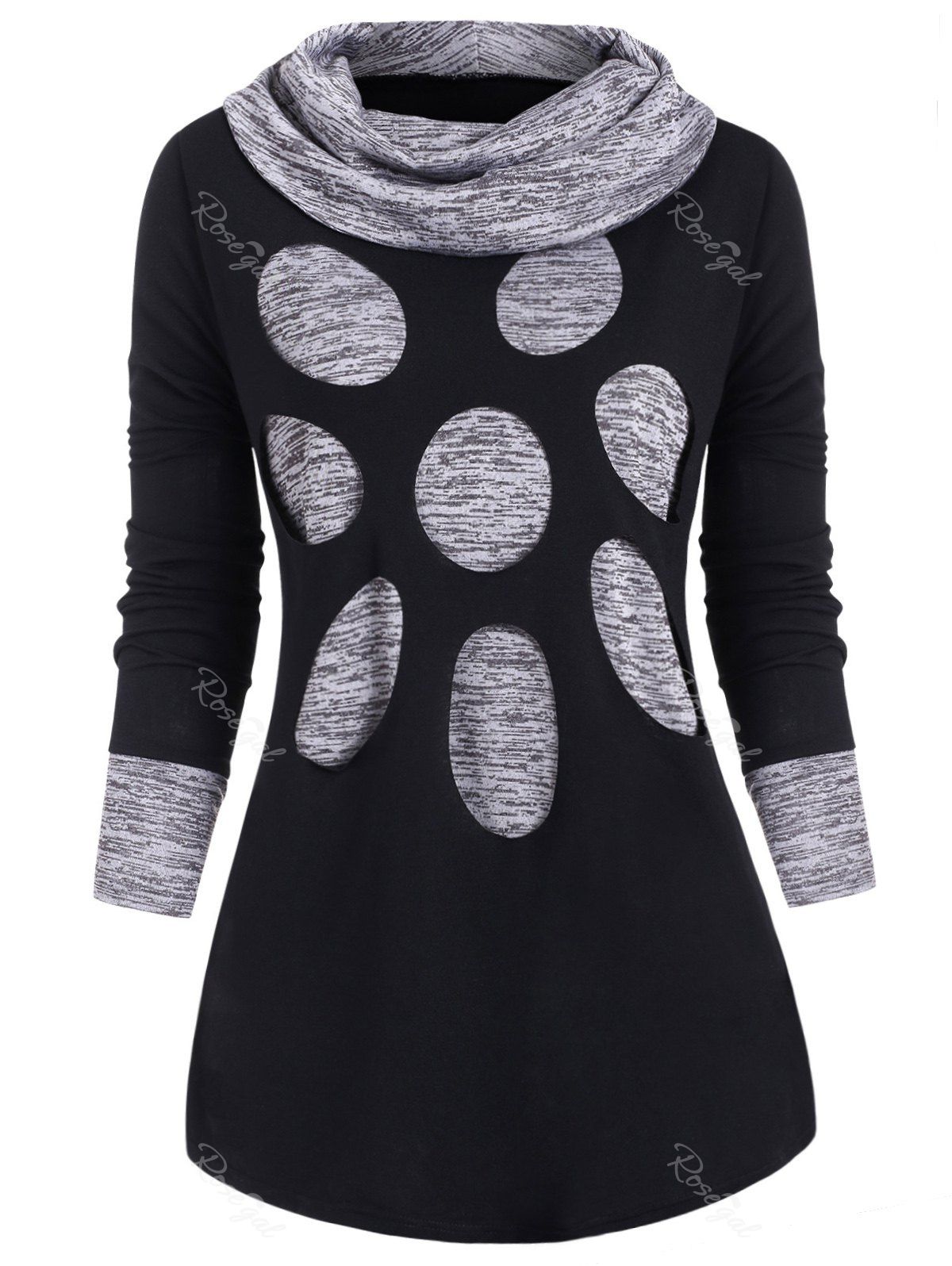 

Plus Size Cowl Neck Space Dye Cut Out Tunic Tee, Black