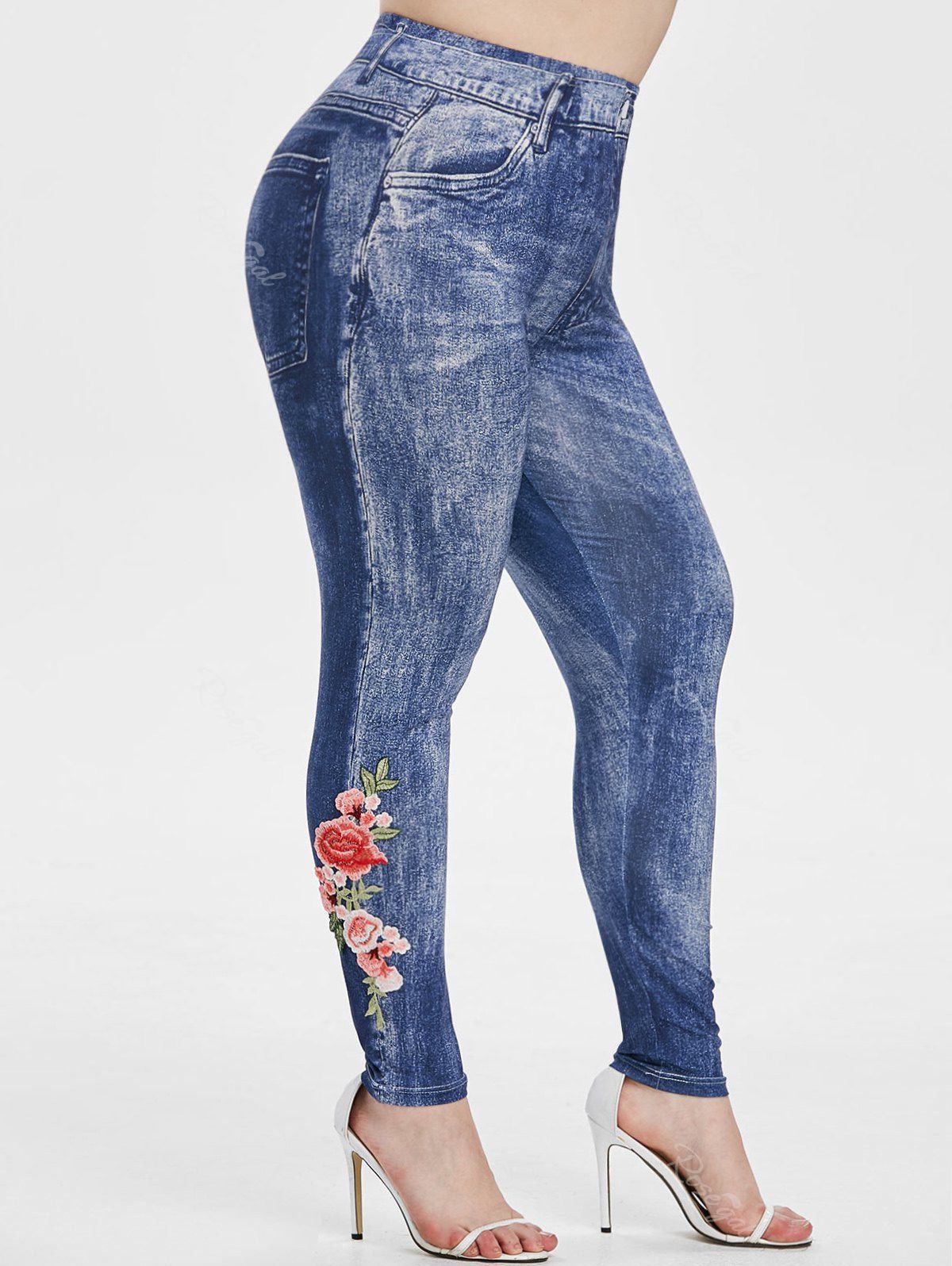

High Waisted 3D Printed Floral Applique Plus Size Jeggings, Blue