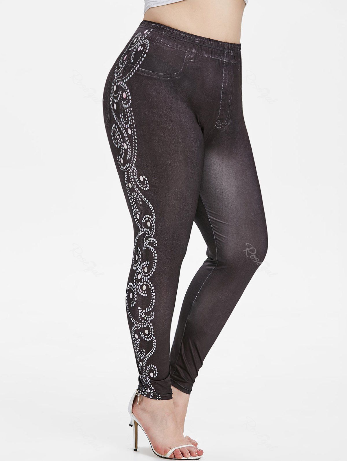 

Pull On Colorful Dots 3D High Waisted Plus Size Jeggings, Black