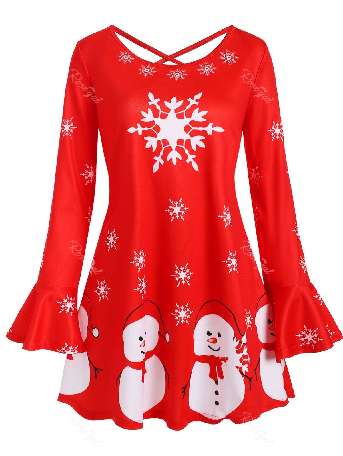 

Snowman Snowflake Criss Cross Flare Sleeve Christmas Plus Size Top, Red