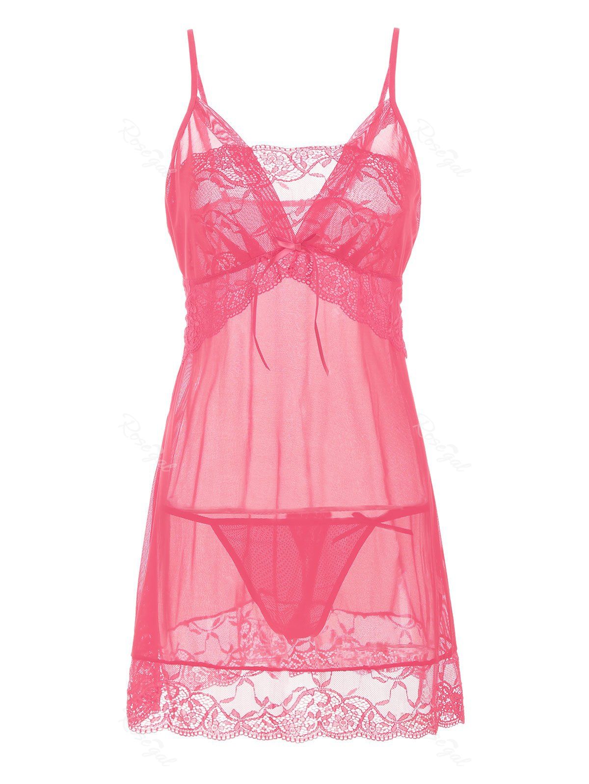 

Plus Size Lace Panel Bowknot Mesh Babydoll Set, Hot pink