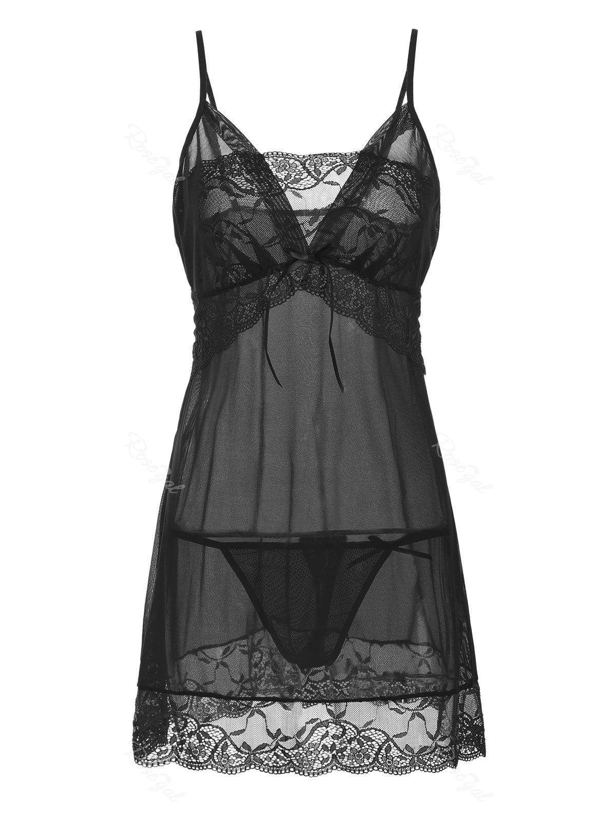 

Plus Size Lace Panel Bowknot Mesh Babydoll Set, Black