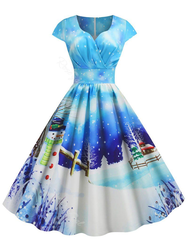 

Plus Size Christmas Vintage Snowman Print Party Dress, Crystal blue