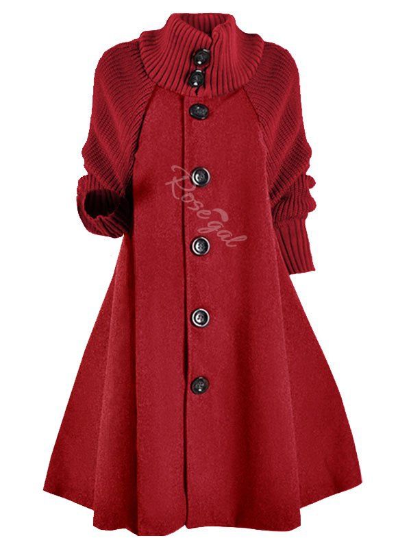 

Knitted Sleeve Button Up Wool Blend Plus Size Coat, Red