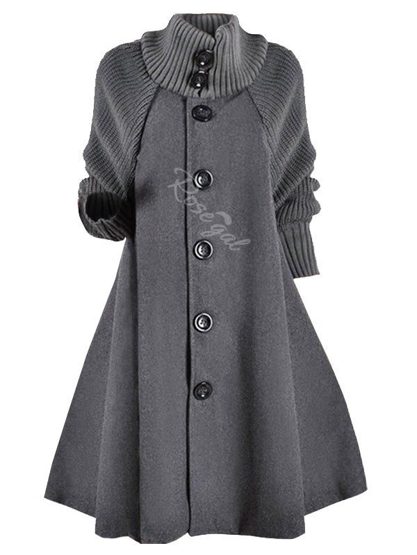 

Knitted Sleeve Button Up Wool Blend Plus Size Coat, Gray