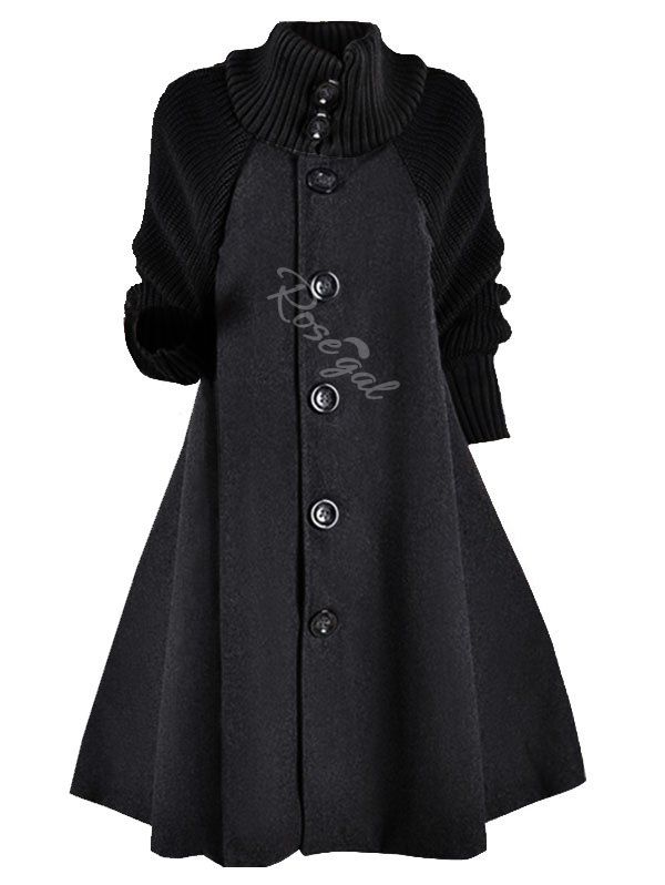 

Knitted Sleeve Button Up Wool Blend Plus Size Coat, Black