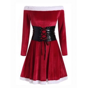 

Plus Size Off Shoulder Velvet Dress With Lace Up Corset Belt, Red wine