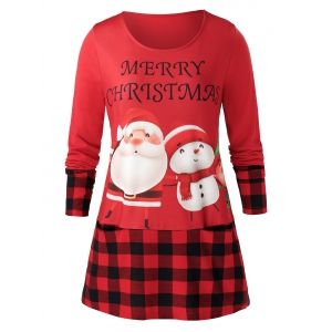 

Plus Size Printed Plaid Splicing Long Sleeve T-Shirt, Lava red